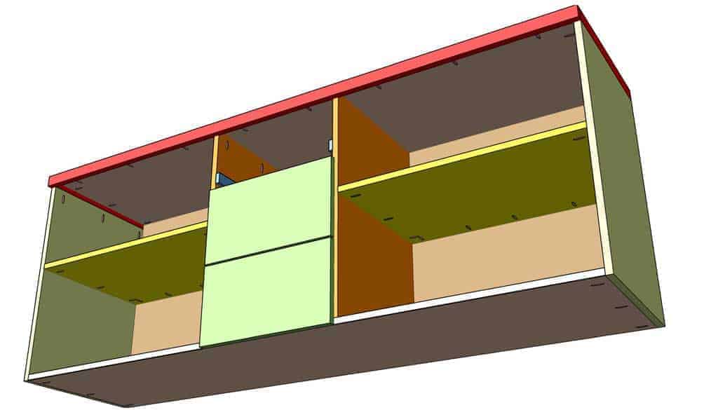 attaching the top board to DIY Garage Cabinets