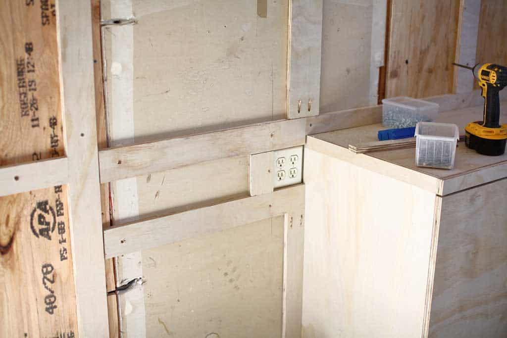 framing around wall plug for the DIY Pegboard Wall