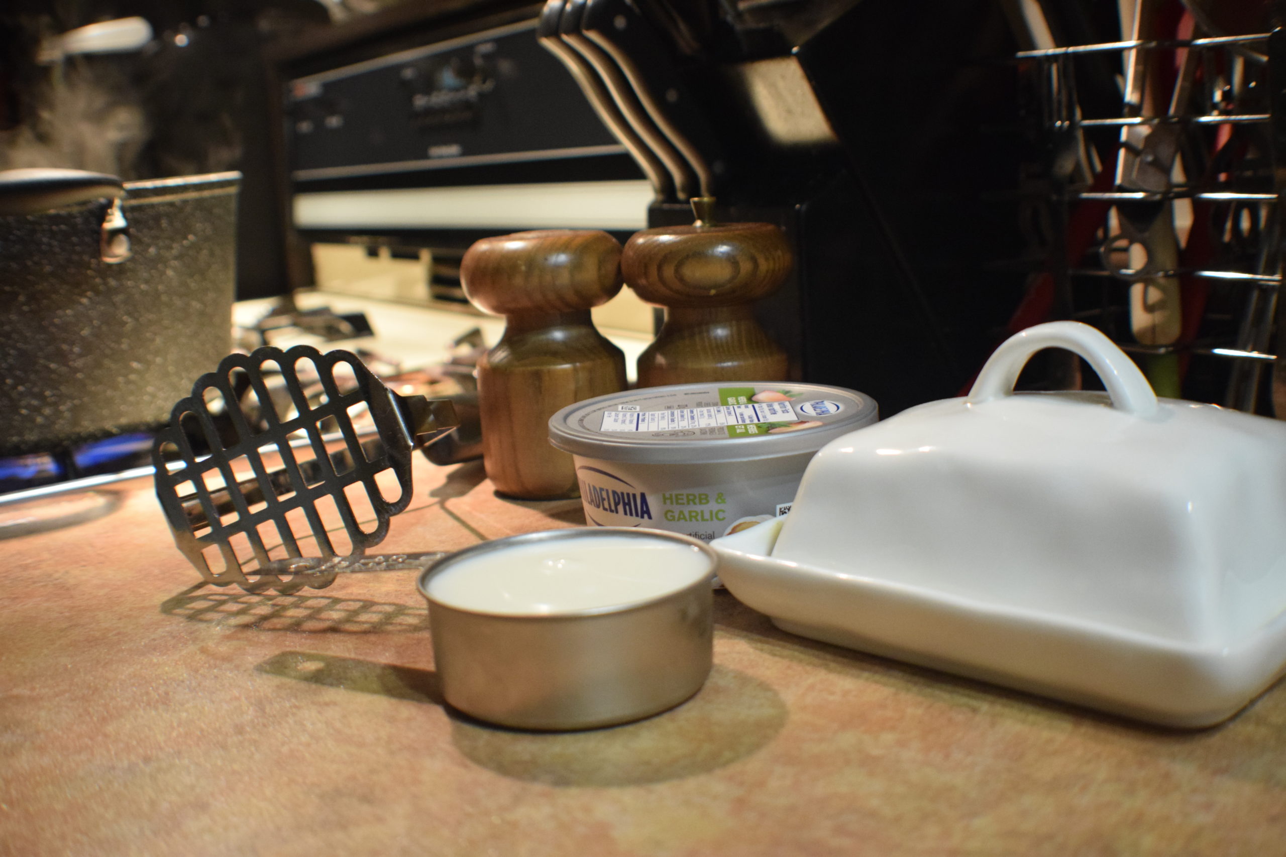 mashed potatoes ingredients on a kitchen counter