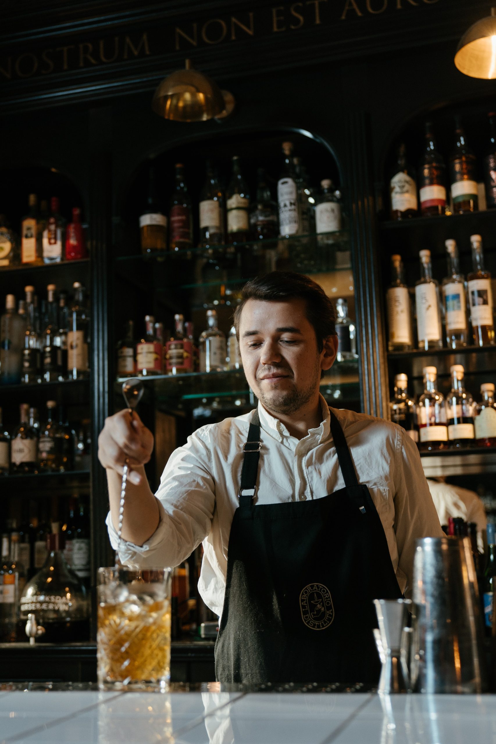 male bartender mixing a drink in a bar with a stir spoon