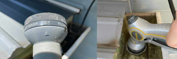 Water Hose Nozzle Used To Clean Gutter Downspout