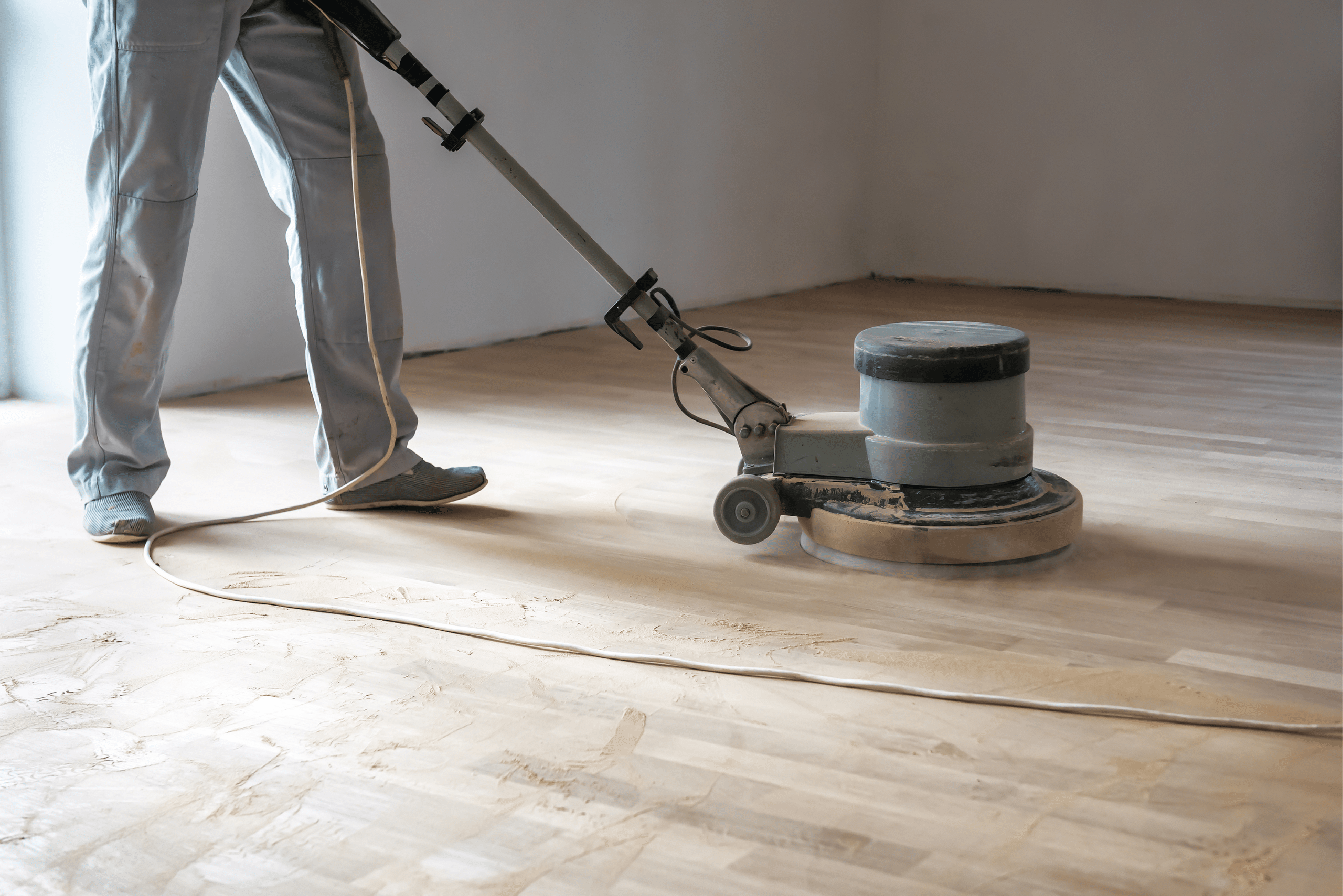 Person using an industrial power sander on wood floor.