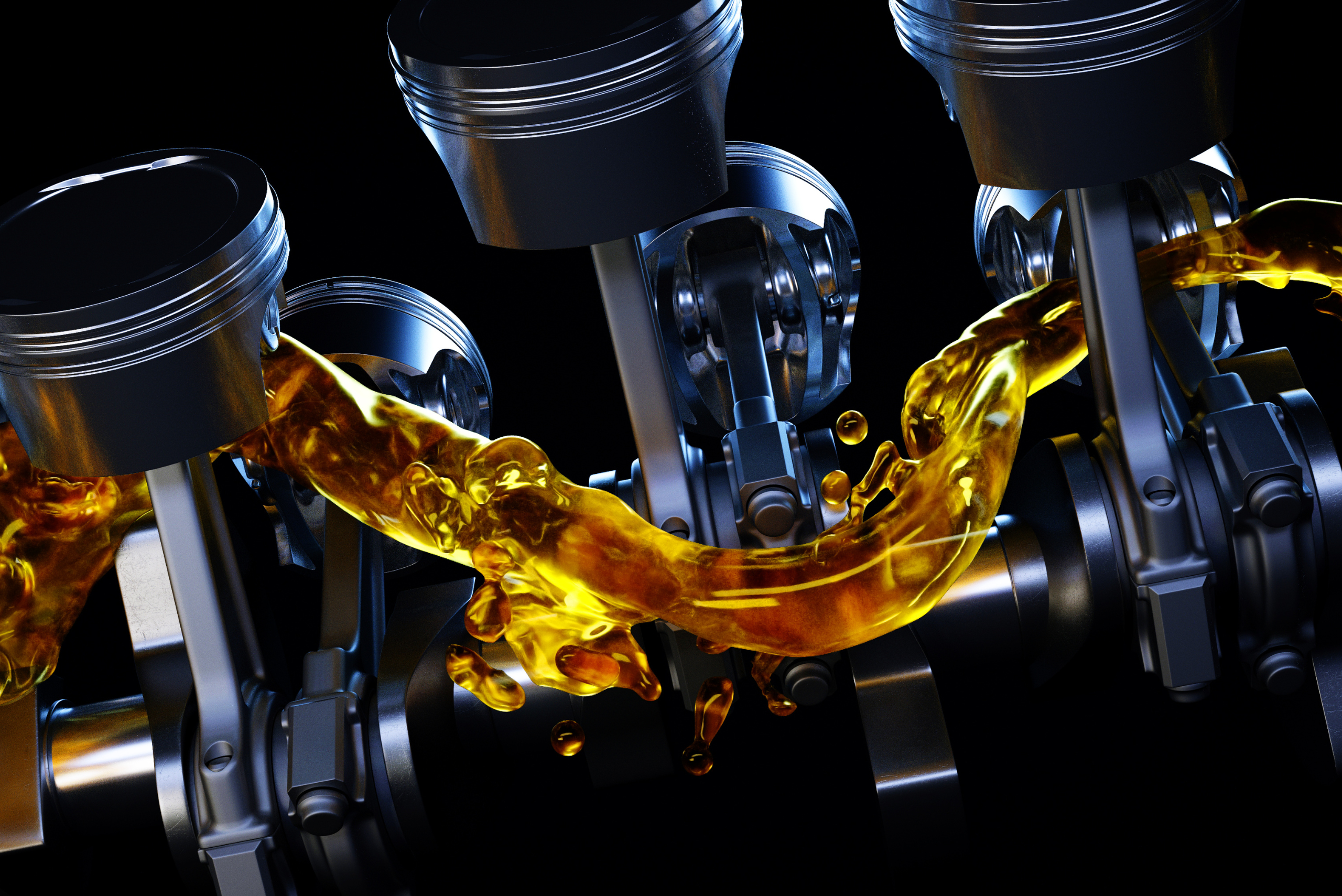 Engine oil flowing around engine crankshaft.