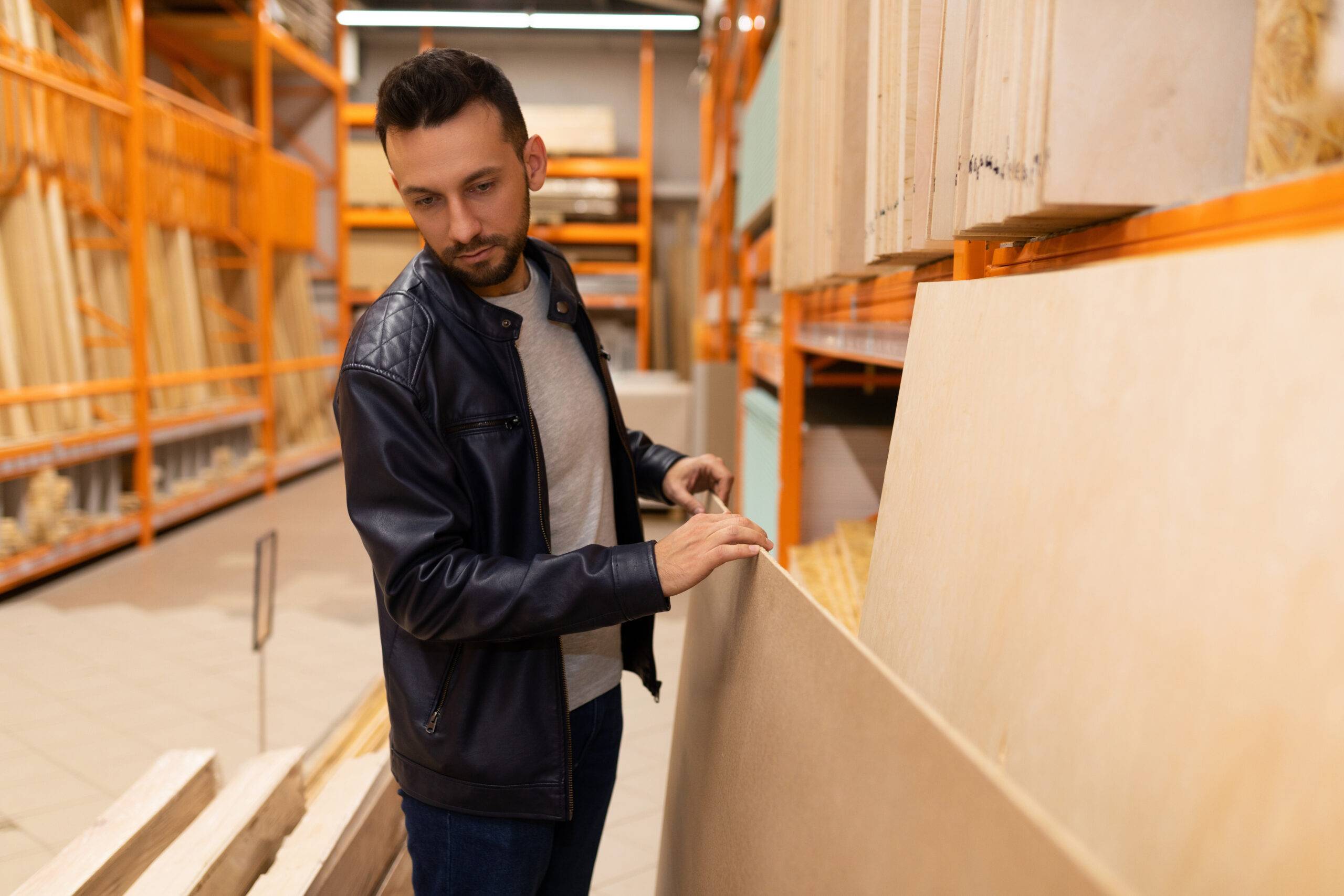 Male shopper in a lumber store next to plywood and OSB panels.