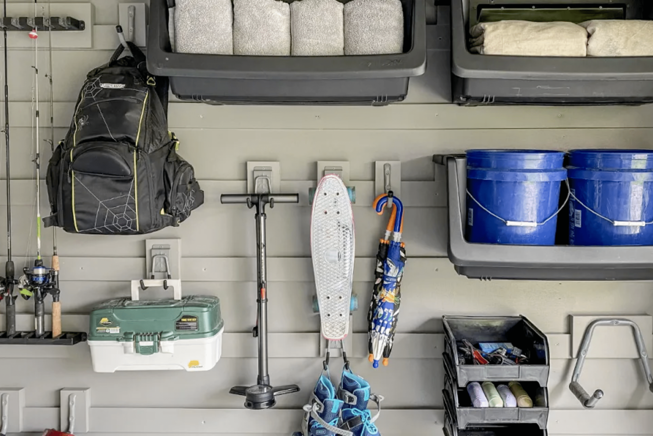 Assortment of items hung on a French cleat wall.