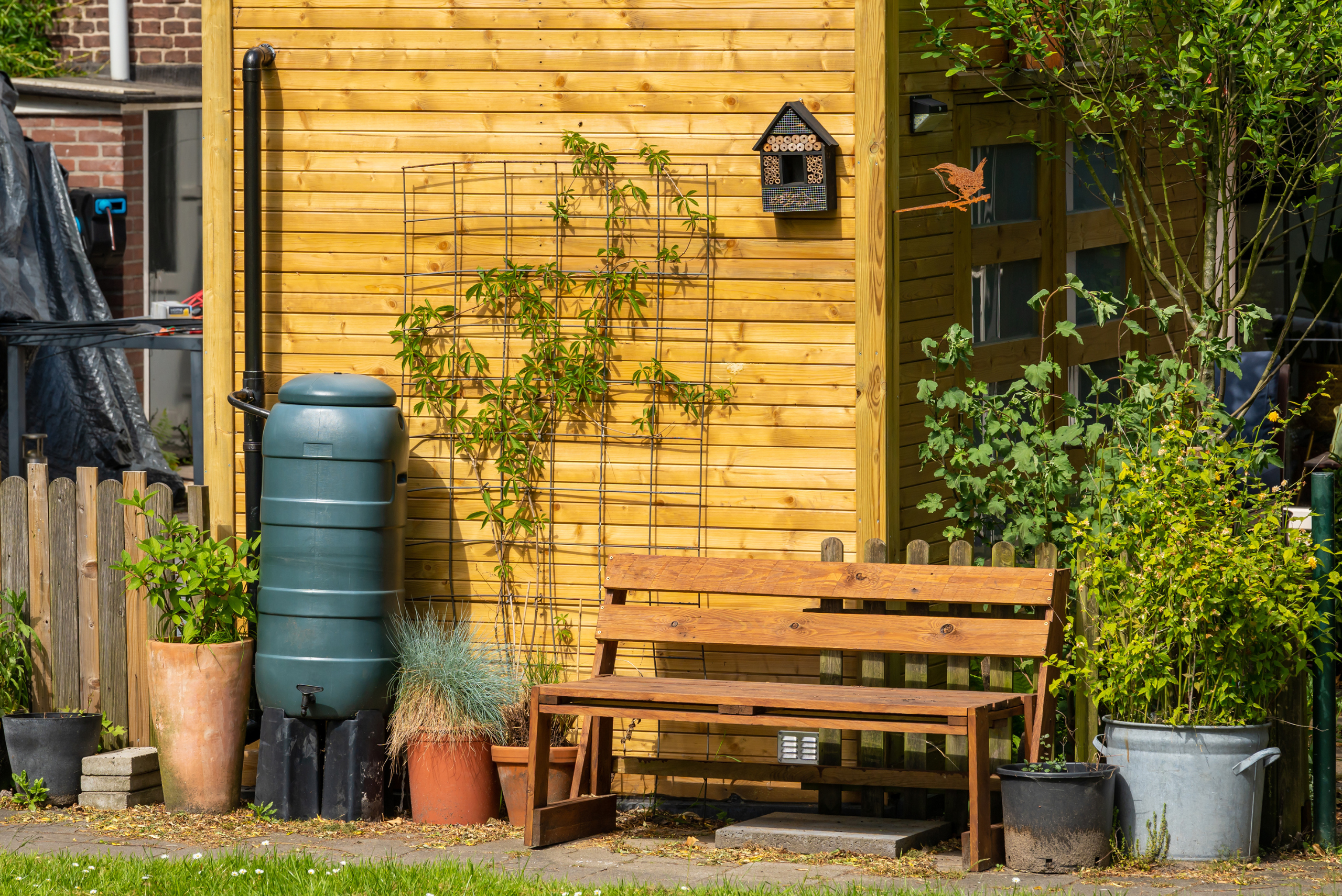 Green plastic rain barrel system for gathering water.