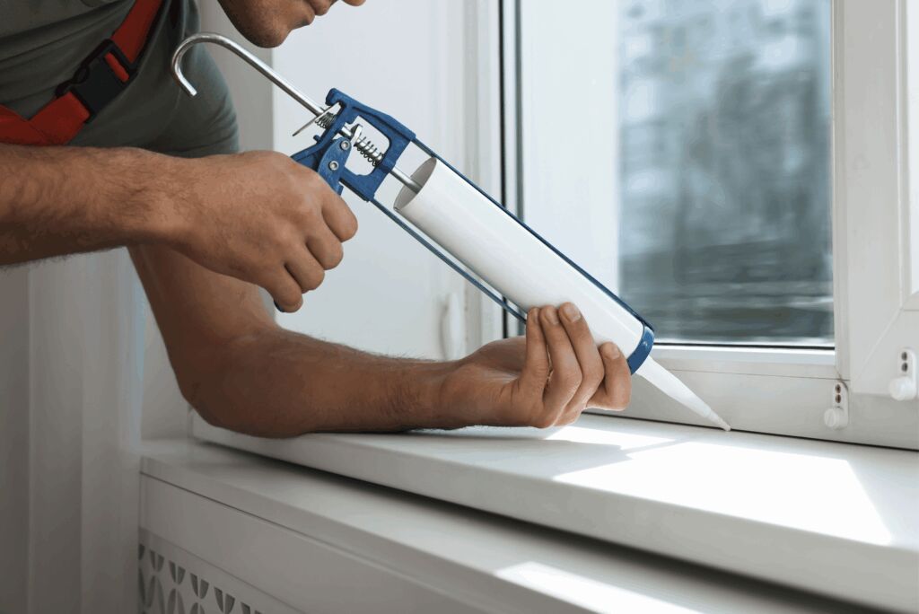 Applying caulking to window seal.