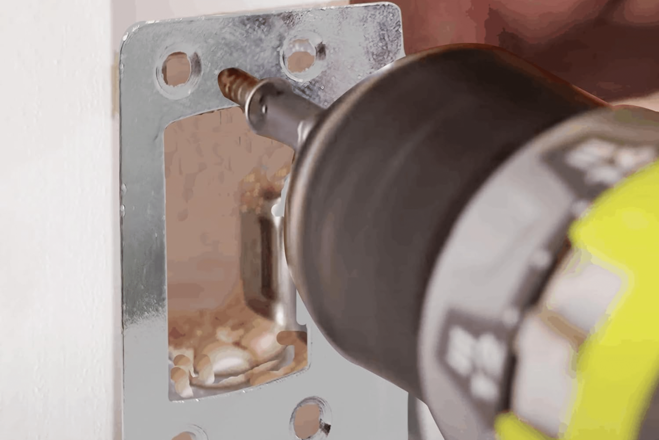 Closeup of power drill installing door strike plate.