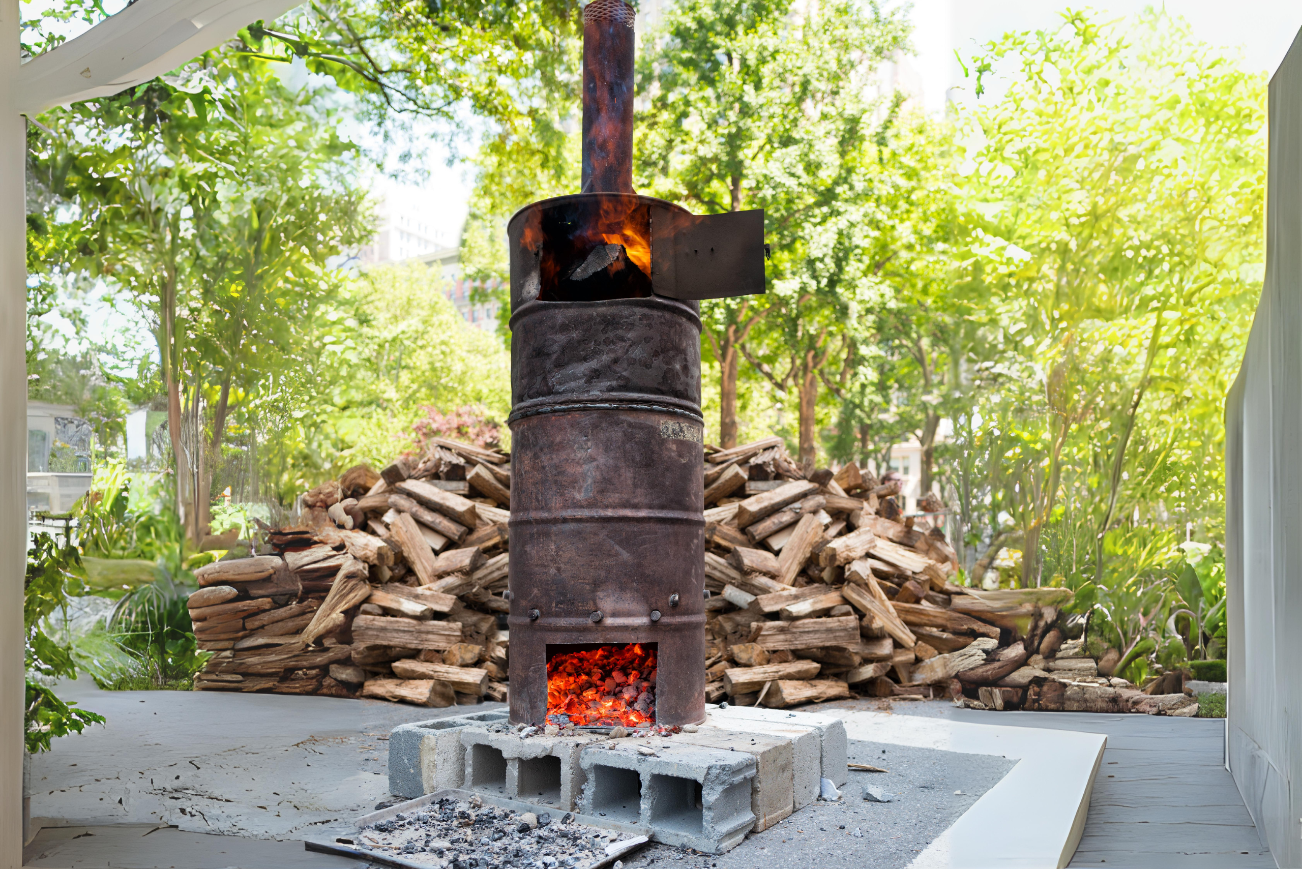 A homemade DIY smoker on blocks with large chimney.